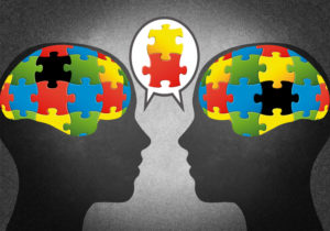 Illustration of puzzle pieces in two brains; concept is two people with different ideas talking and agreeing on some ideas